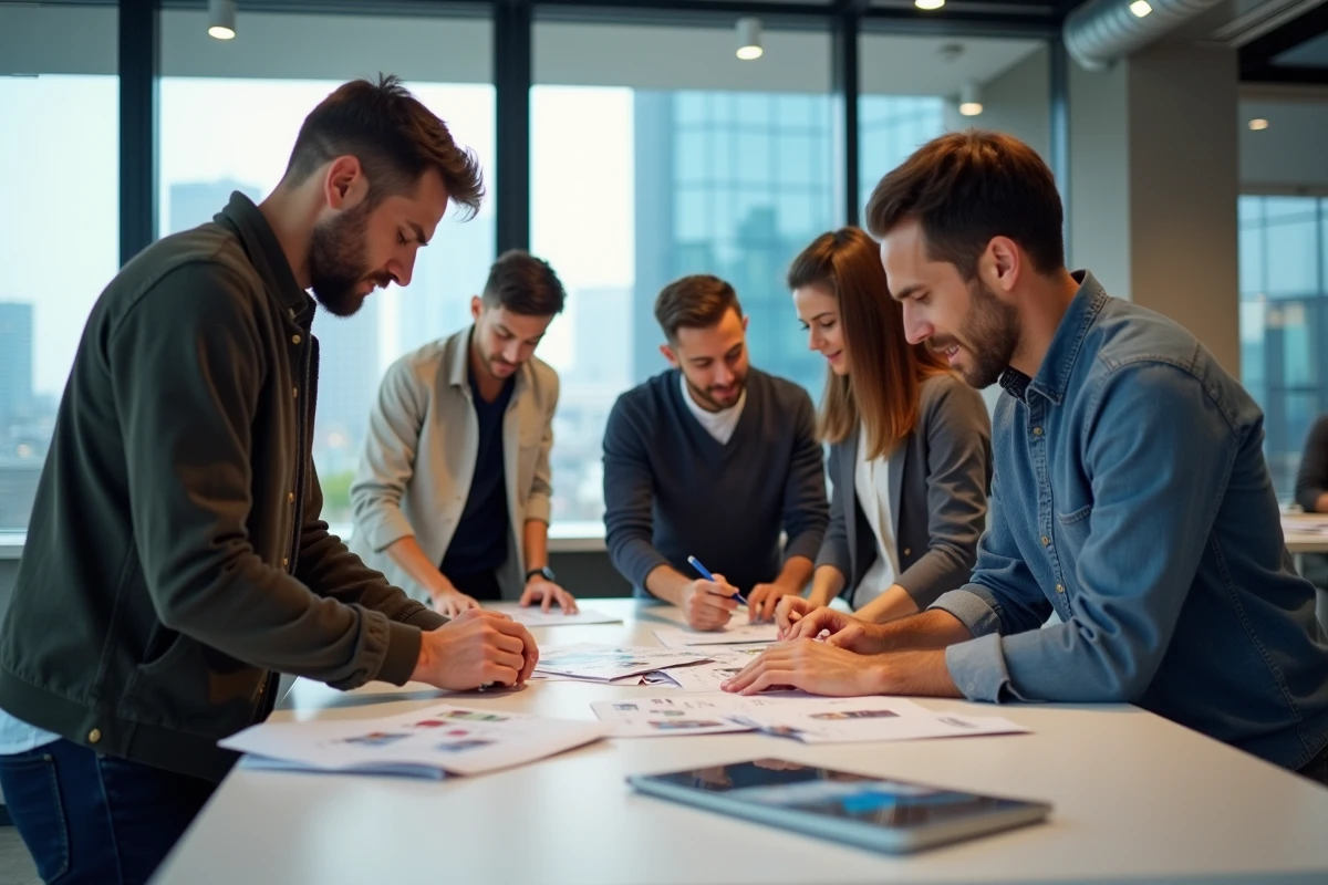 Trois jeunes professionnels assemblant des flyers