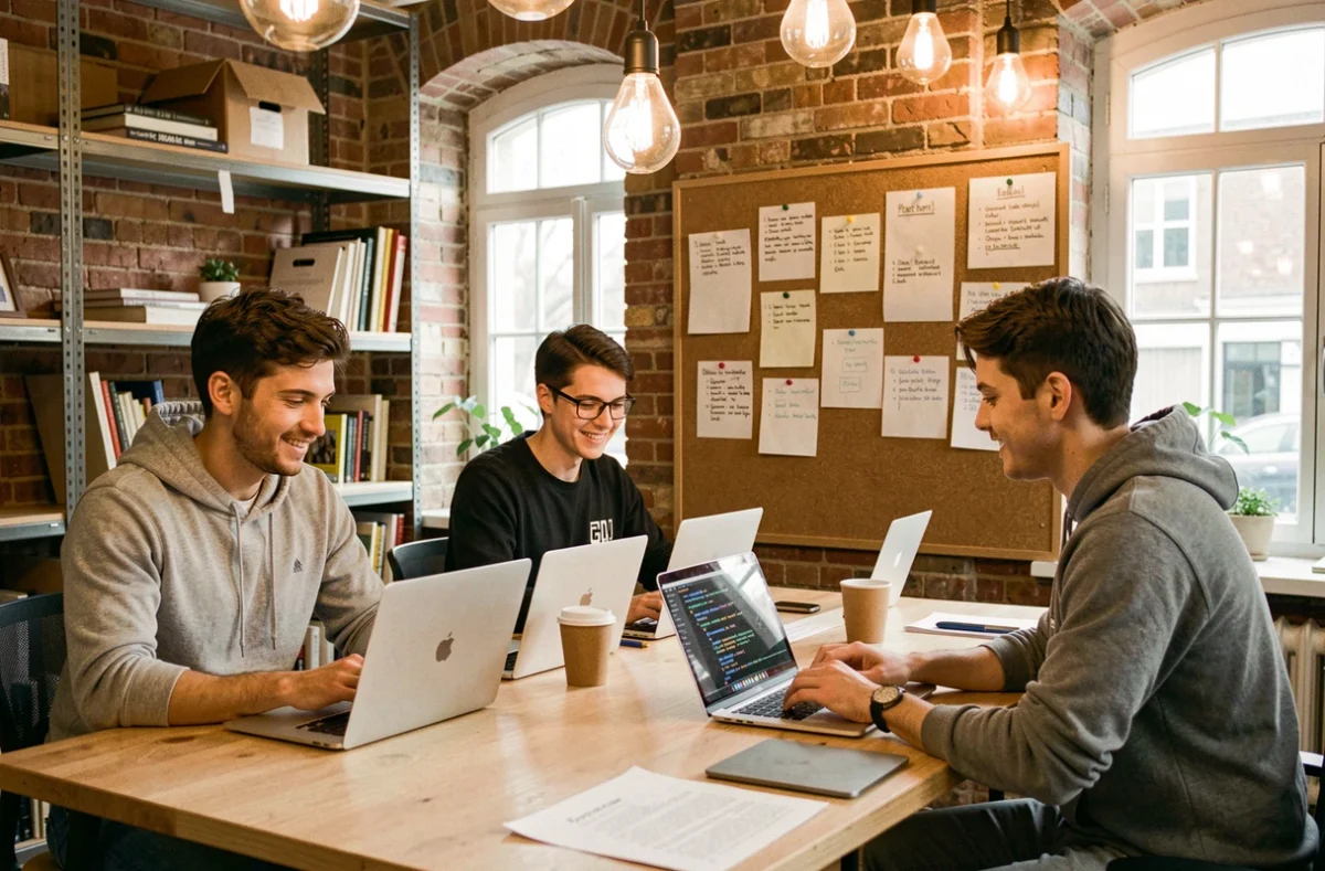 Équipe Guaraní dans un espace de coworking bordelais collaborant sur des projets informatiques
