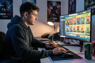 Joueur consultant l'historique de ses achats Valorant sur un écran d'ordinateur de gaming