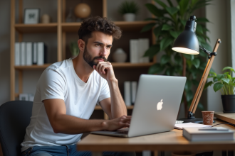 Jeune homme concentré devant un écran 404 erreur dans un bureau moderne