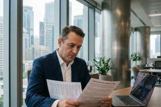 Homme d'affaires en costume bleu examinant un rapport de cybersécurité