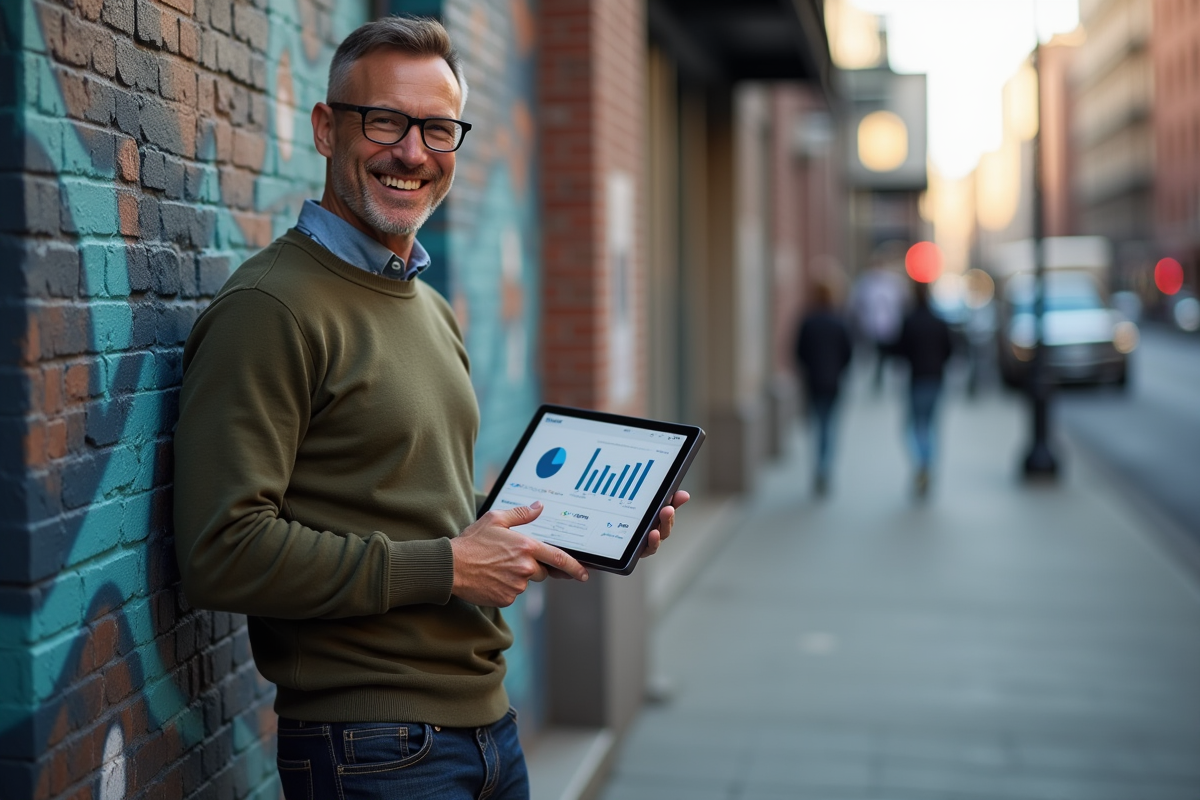 Homme avec tablette analysant des données en extérieur