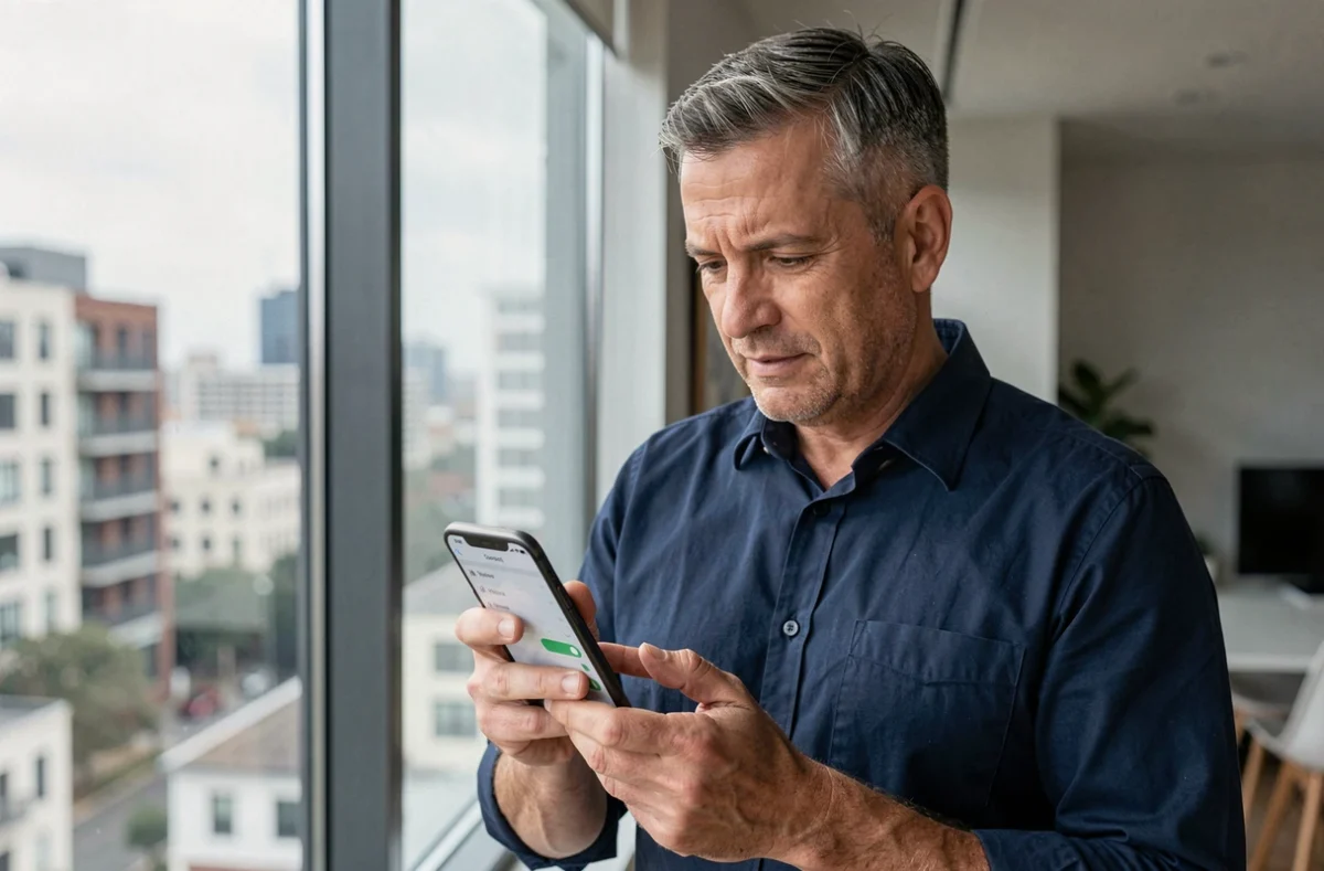 Homme découvrant les options cachées de l'application RED&Moi sur smartphone dans un appartement moderne