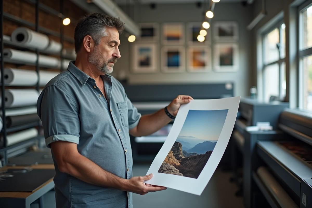 Homme comparant deux impressions photo dans un atelier professionnel