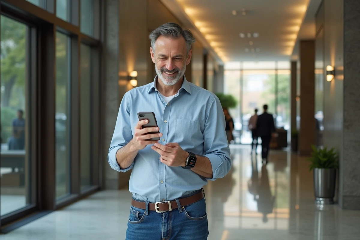 Homme authentifiant avec scanner dans un hall moderne