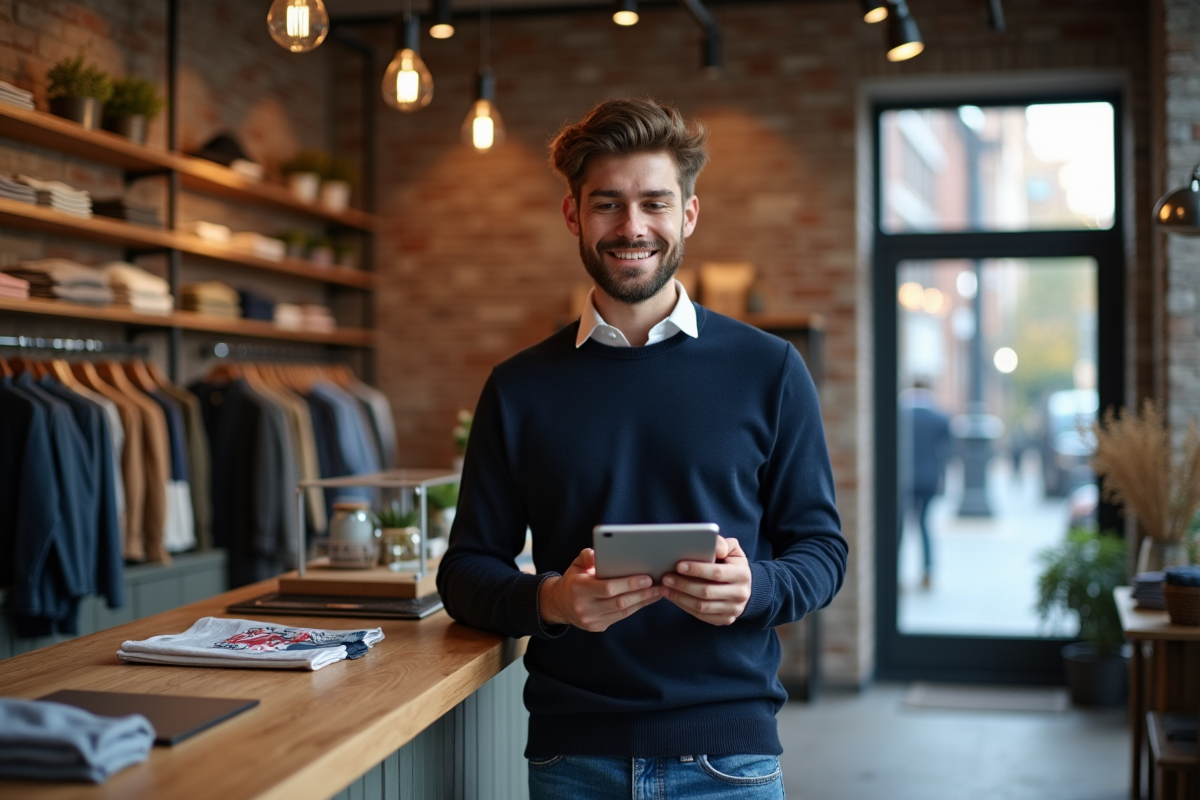 Homme en boutique utilisant un chatbot sur tablette