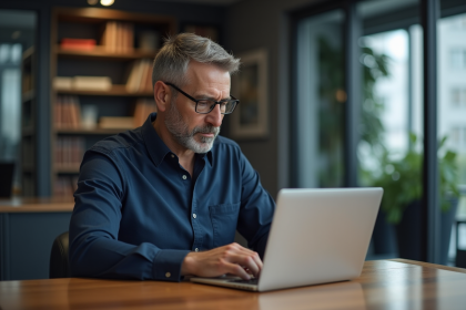 Homme d'âge moyen travaillant sur un ordinateur dans un bureau moderne