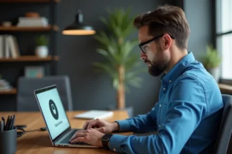 Homme concentré sur son ordinateur dans un bureau moderne