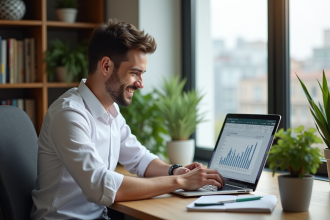 Jeune homme au bureau souriant devant son ordinateur