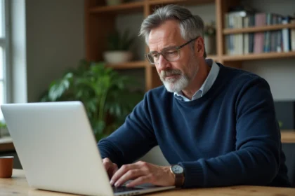 Homme d'âge moyen travaillant sur son ordinateur dans un bureau moderne