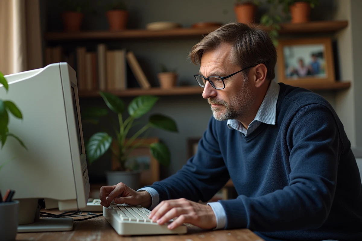 Homme d'âge moyen travaillant sur un ordinateur vintage dans un bureau