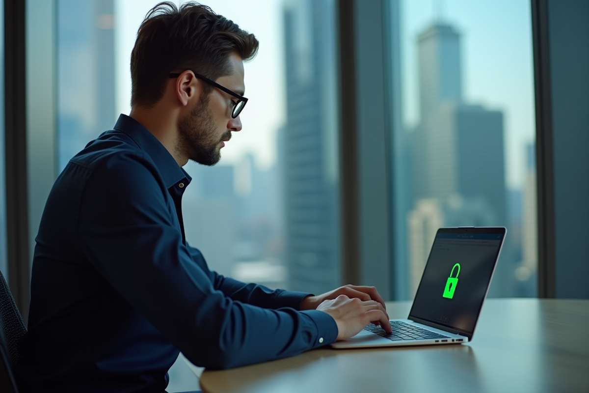 Jeune homme au bureau avec cadenas HTTPS visible
