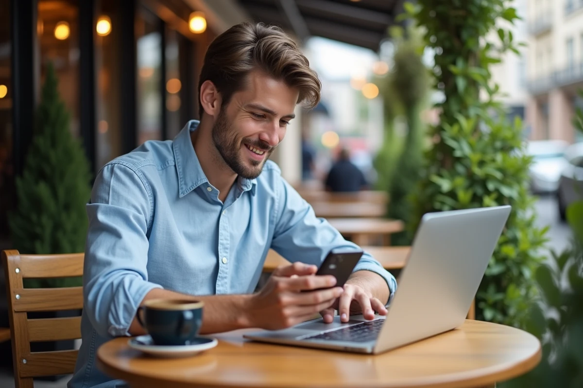 Homme au café planifiant un message WhatsApp avec son smartphone