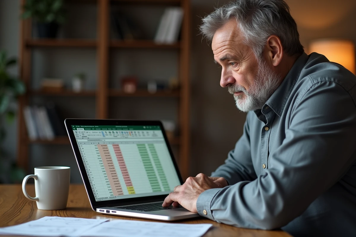 Homme concentré comparant deux fichiers Excel sur un ordinateur portable dans un bureau à domicile