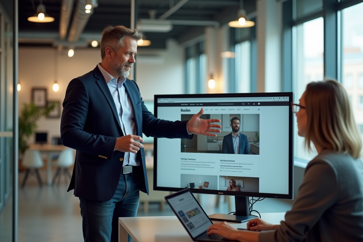 Homme en coworking montrant un site web à une collègue