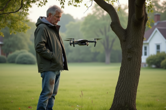 Homme frustré avec drone dans un champ