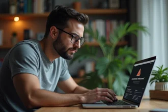 Homme frustré devant une page d'erreur de connexion sur son ordinateur portable à domicile