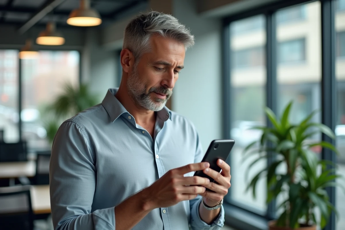 Homme utilisant son smartphone pour gérer son forfait mobile en ligne depuis son compte opérateur