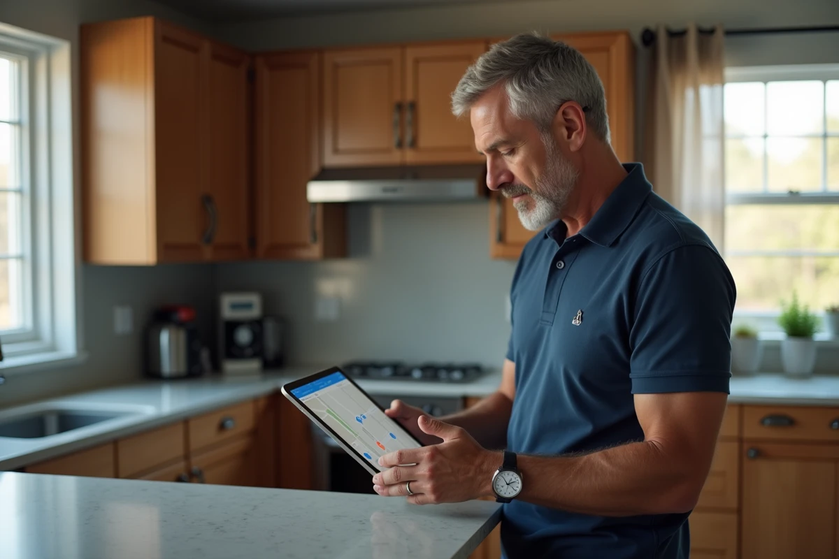 Homme consultant l'interface iCloud Find My sur iPad pour suivre plusieurs appareils Apple depuis sa cuisine