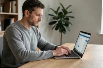 Homme concentré utilisant une adresse email temporaire pour s'inscrire sur un site web, assis à un bureau minimaliste avec un laptop ouvert