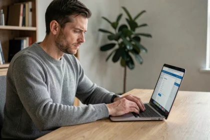 Homme concentré utilisant une adresse email temporaire pour s'inscrire sur un site web, assis à un bureau minimaliste avec un laptop ouvert