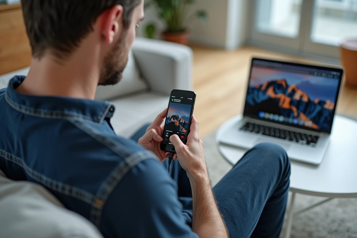 Homme connectant son iPhone à un MacBook pour récupérer des photos perdues via une sauvegarde après mise à jour iOS