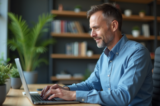 Homme d'âge moyen utilisant un lecteur d'écran au bureau