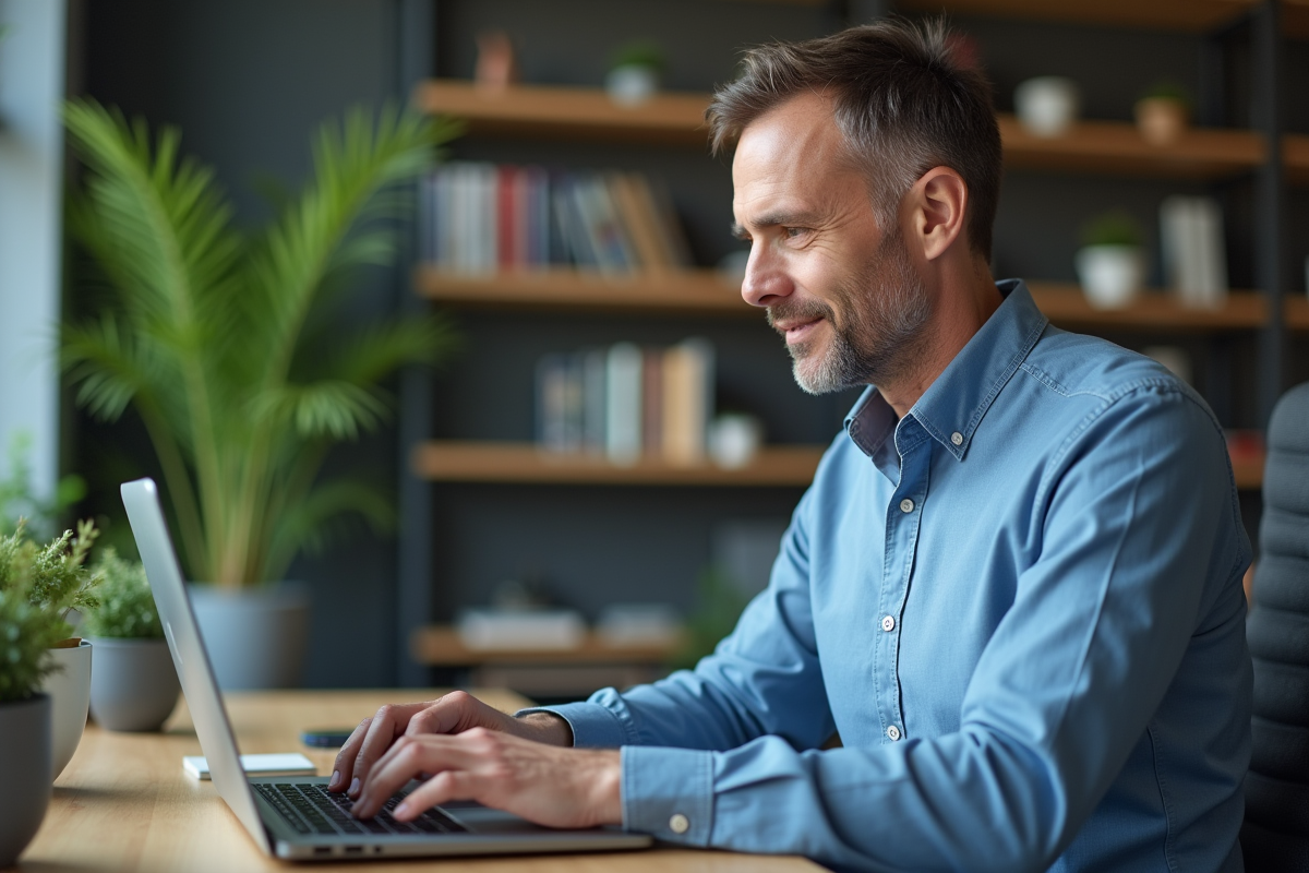 Homme d'âge moyen utilisant un lecteur d'écran au bureau