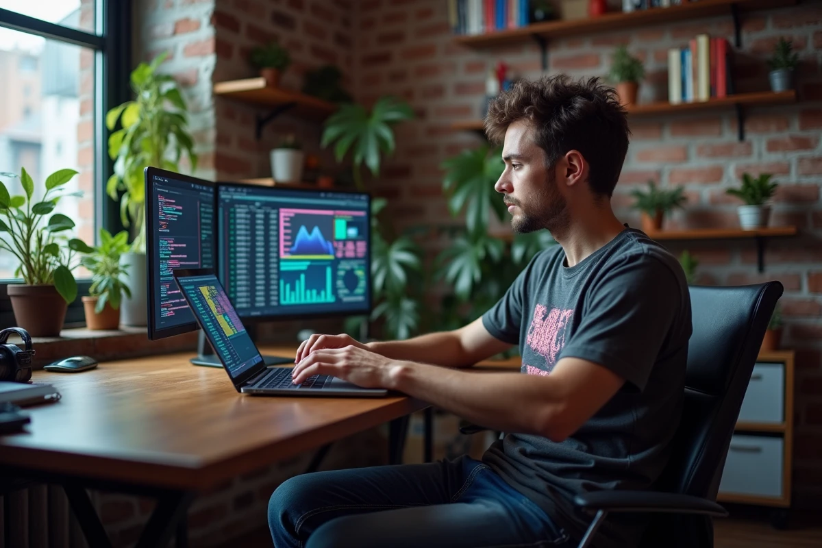 Homme concentré sur son ordinateur avec graphiques et memes