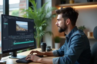 Homme en bureau regardant un logiciel de conversion vidéo