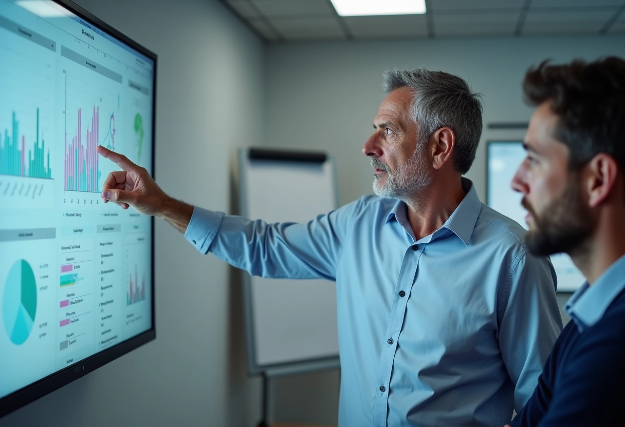 Homme expliquant un tableau de bord à ses collègues en réunion