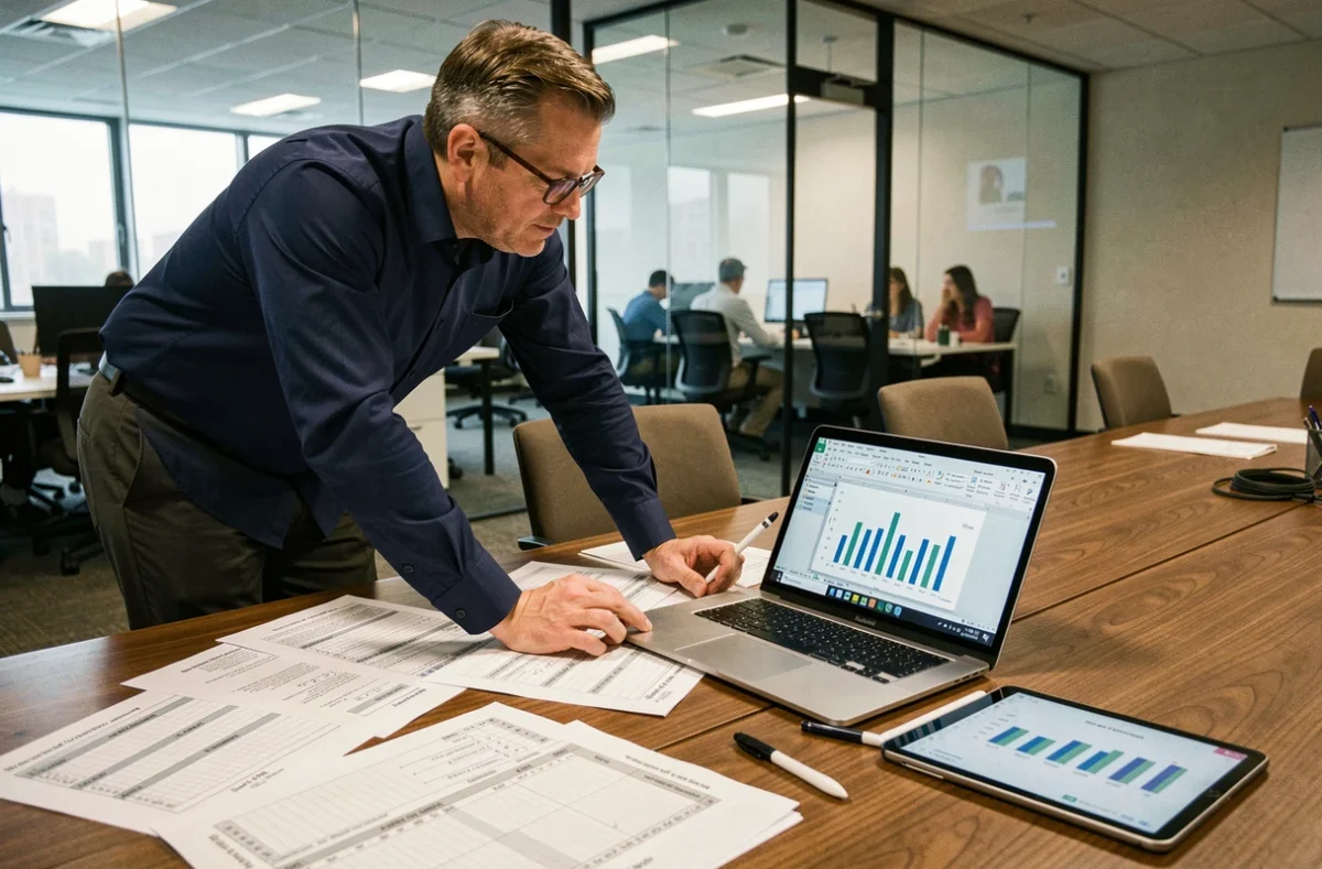 Homme en réunion d'entreprise consultant des rapports Excel imprimés et un ordinateur portable avec des formules de calcul de dates