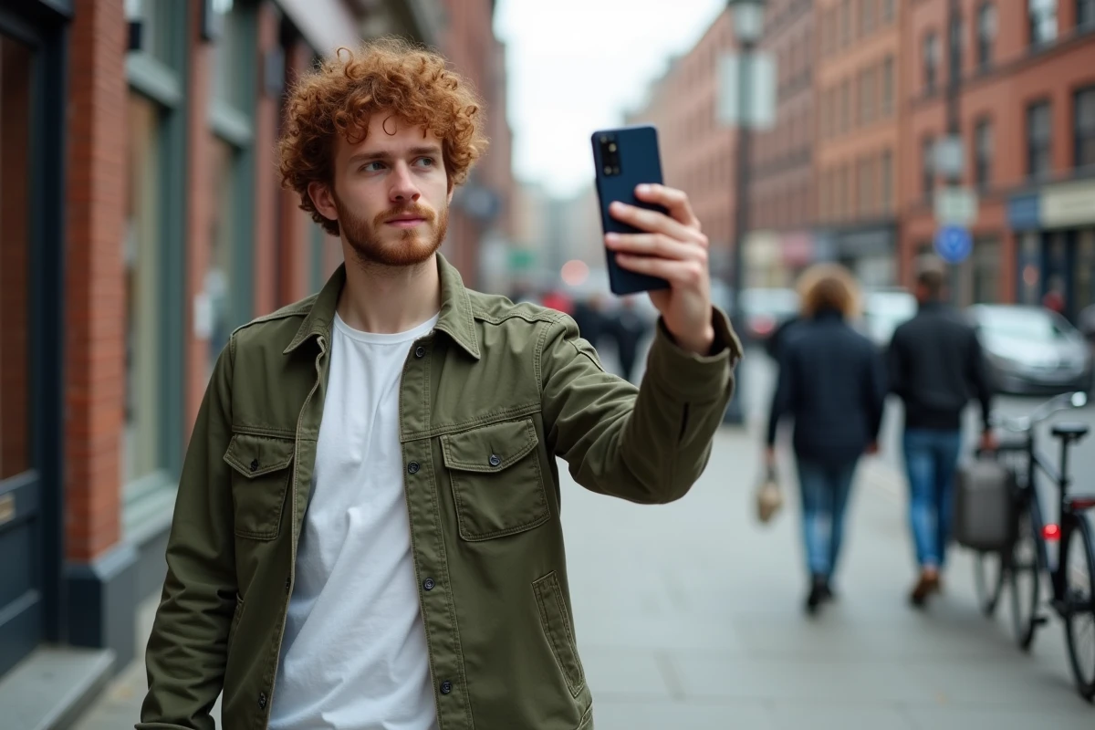 Jeune homme utilisant l'appareil photo du Samsung Galaxy A35 5G en extérieur dans une rue urbaine