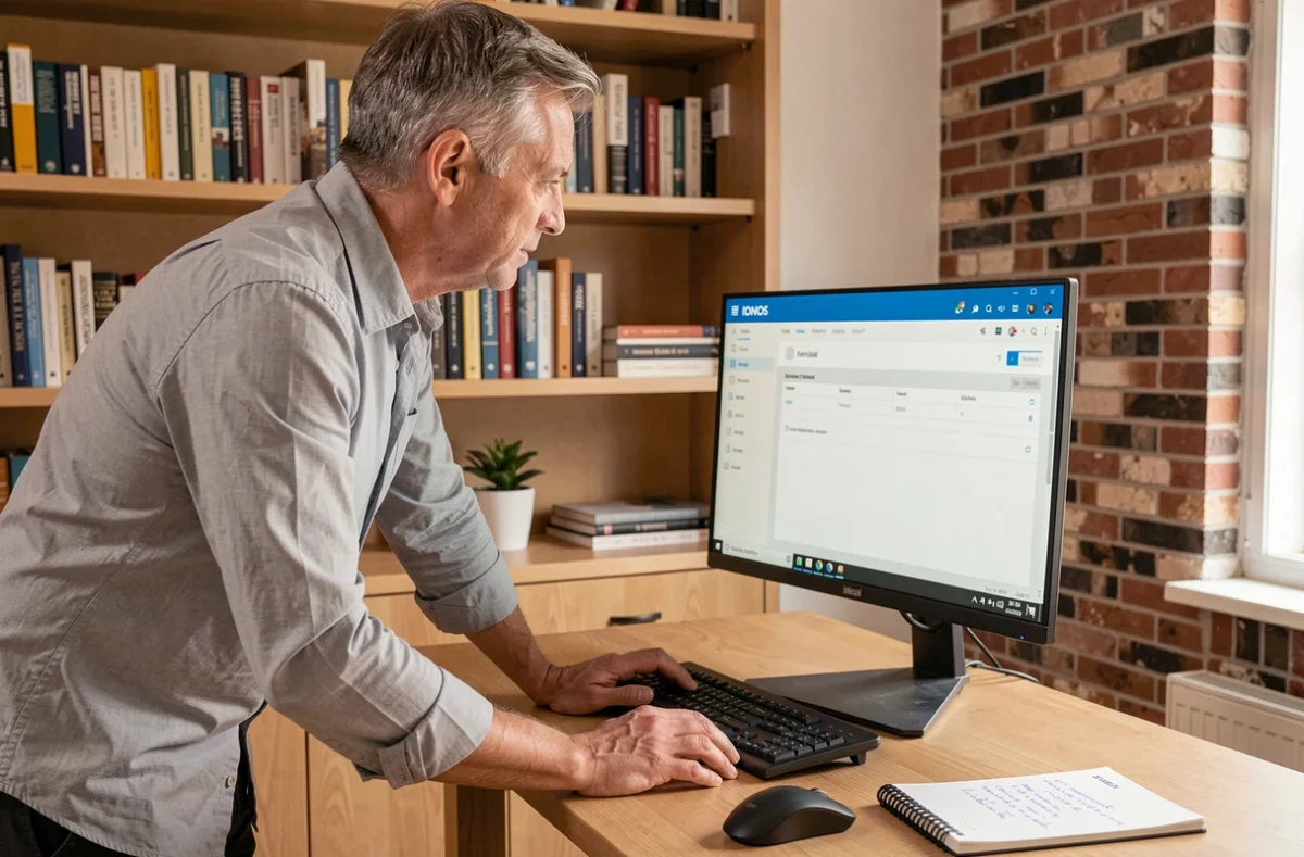 Homme configurant une signature professionnelle dans le webmail IONOS depuis un bureau à domicile