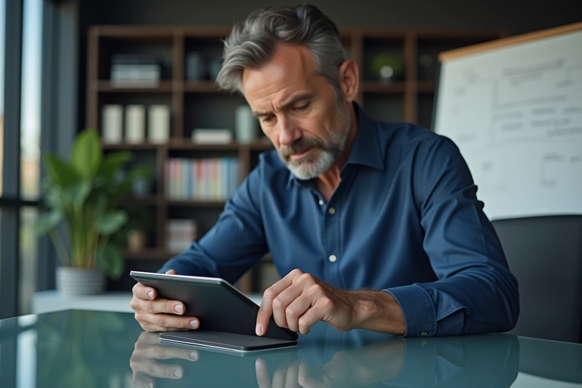 Homme utilisant une tablette Android pour accéder aux options du presse-papiers dans un bureau moderne