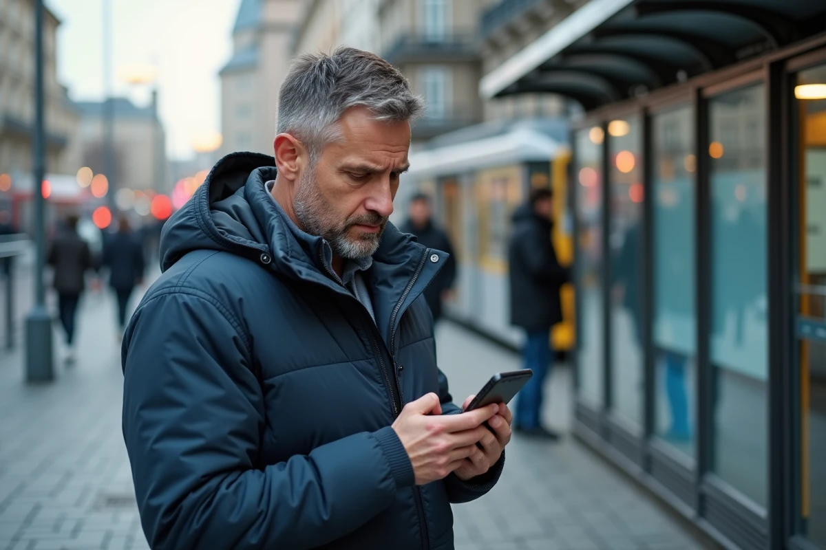 Homme dans une station de tram urbain regarde son téléphone