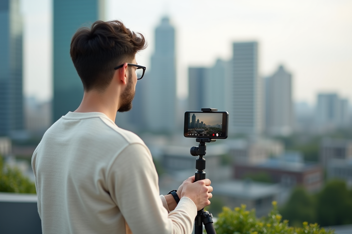Homme sur un rooftop enregistrant ses statistiques Instagram