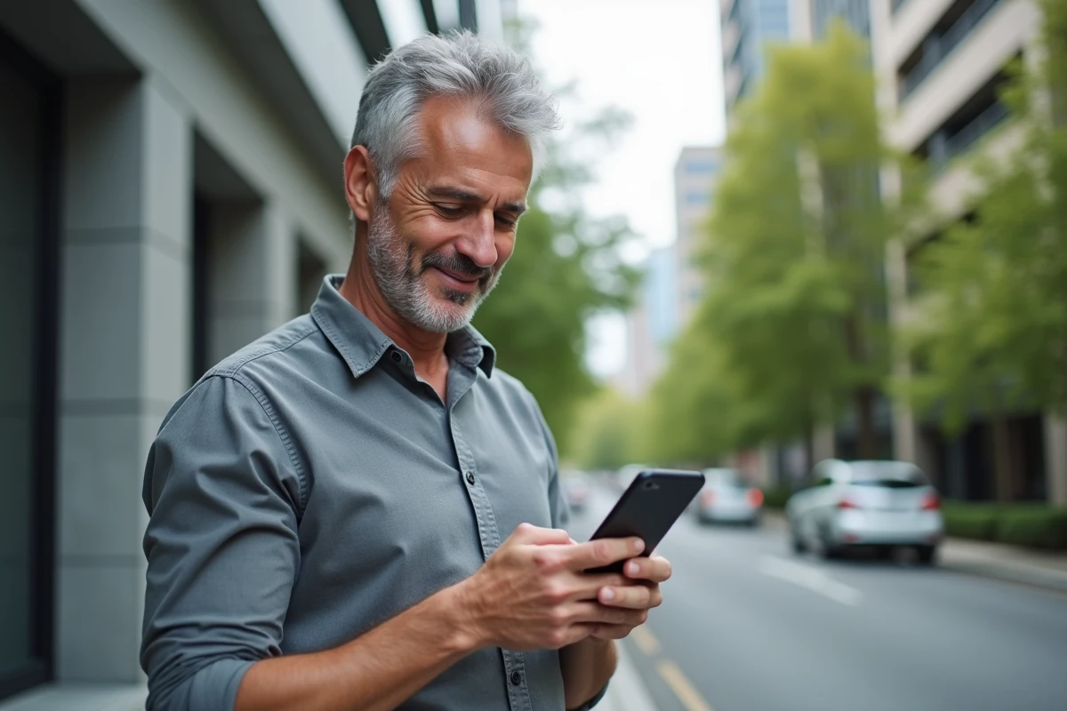 Homme d age moyen consulte sa messagerie en ville