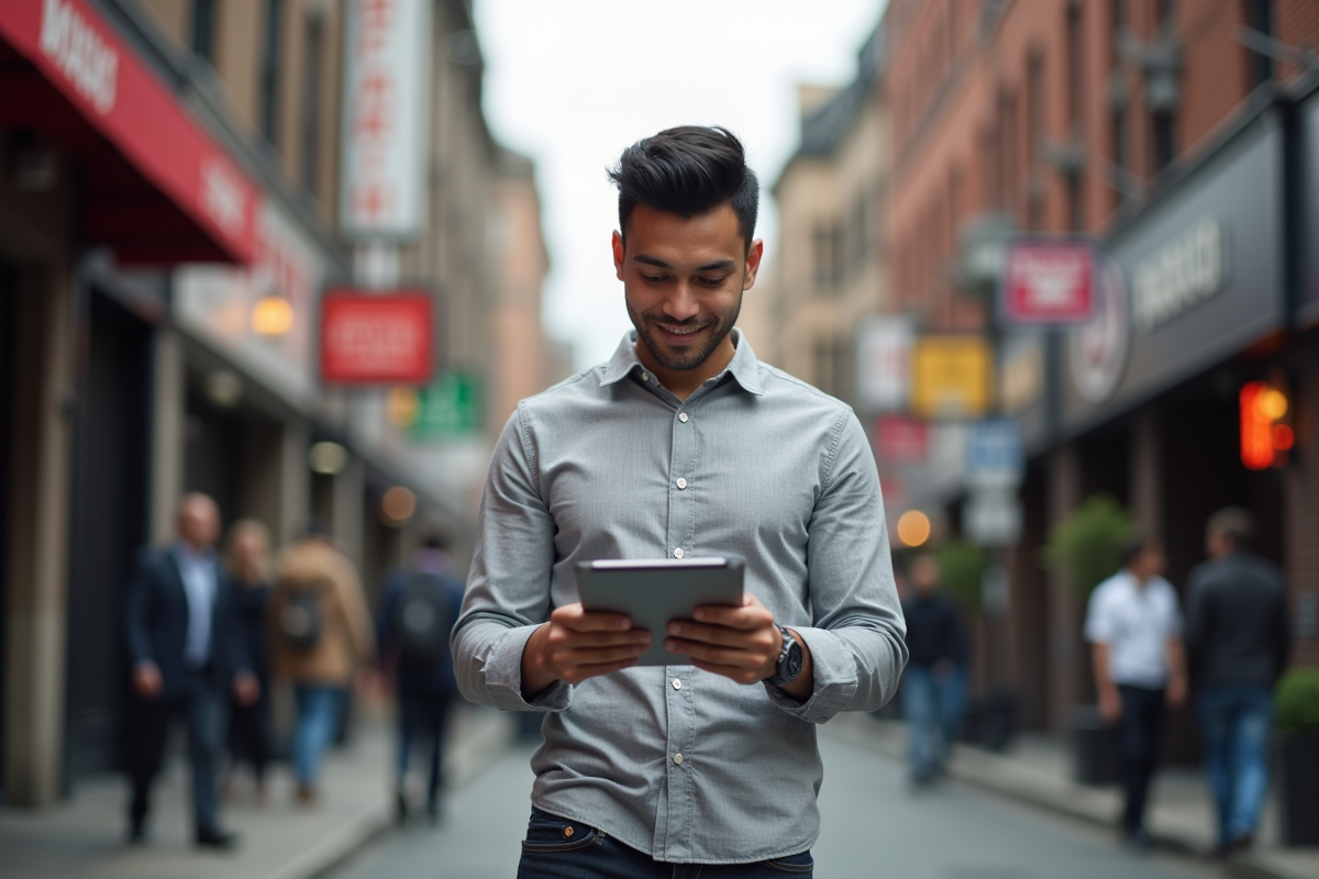 Homme vérifiant des statistiques SEO sur une tablette en ville