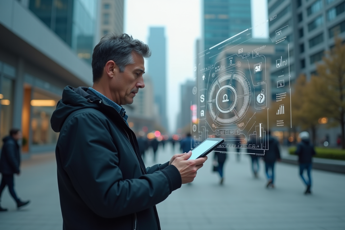 Homme dans la ville utilisant une tablette numérique