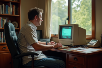Homme d'âge moyen au bureau vintage utilisant un logiciel no code