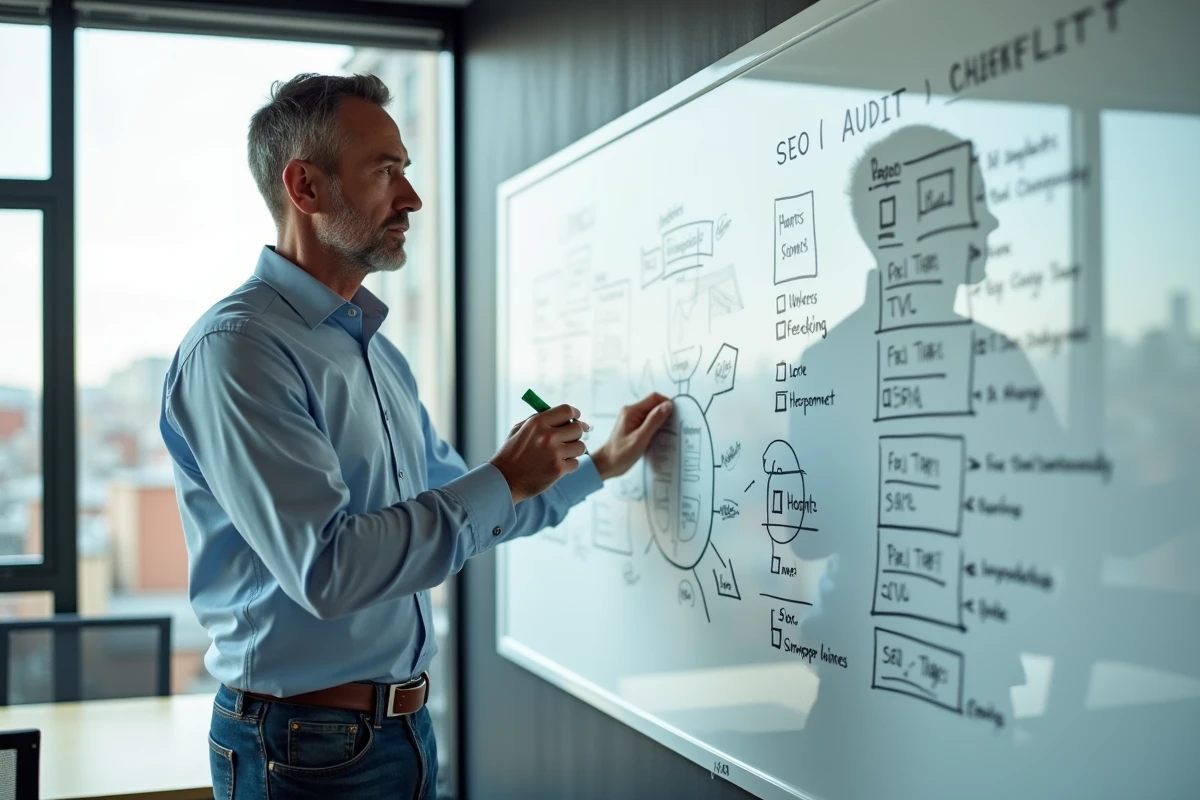Homme vérifiant une checklist SEO sur un tableau blanc