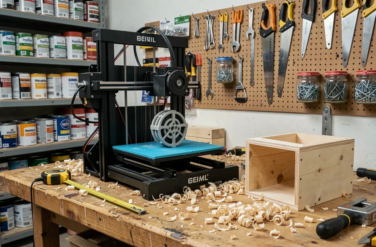 Imprimante 3D FDM en cours d'impression sur un établi de bricoleur entouré d'outils traditionnels et de matériaux de travail