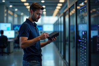 Jeune ingénieur IT examinant un serveur edge en bureau moderne