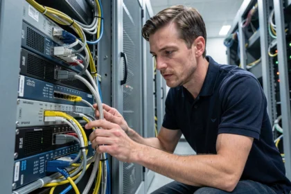 Ingénieur réseau inspectant un switch manageable dans une salle de serveurs avec câbles VLAN étiquetés