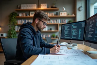 Ingénieur logiciel étudiant des schémas MCD et MLD sur un bureau encombré dans un open space moderne