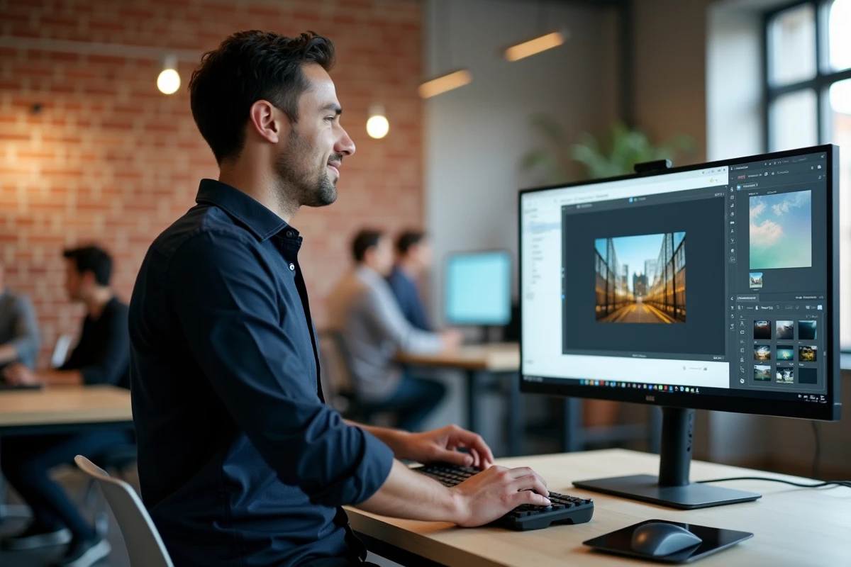 Développeur utilisant l'éditeur WordPress Gutenberg pour insérer une image dans un article depuis un bureau moderne en open space
