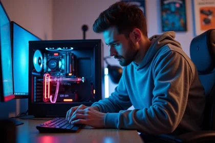 Jeune homme installant un refroidisseur liquide RGB dans un PC gaming