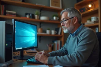 Homme installant Windows 10 hors ligne sur un ancien PC de bureau via une clé USB dans un bureau à domicile