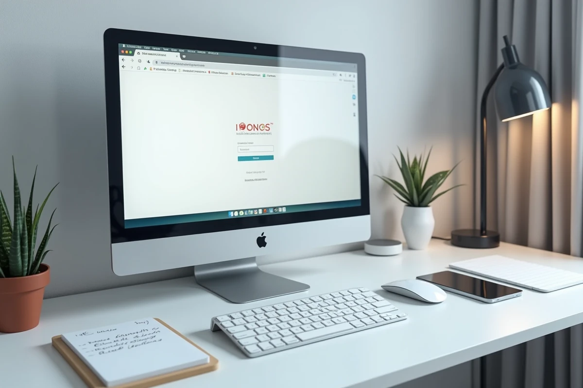 Bureau avec ordinateur affichant l'interface Webmail IONOS et notes de configuration serveur